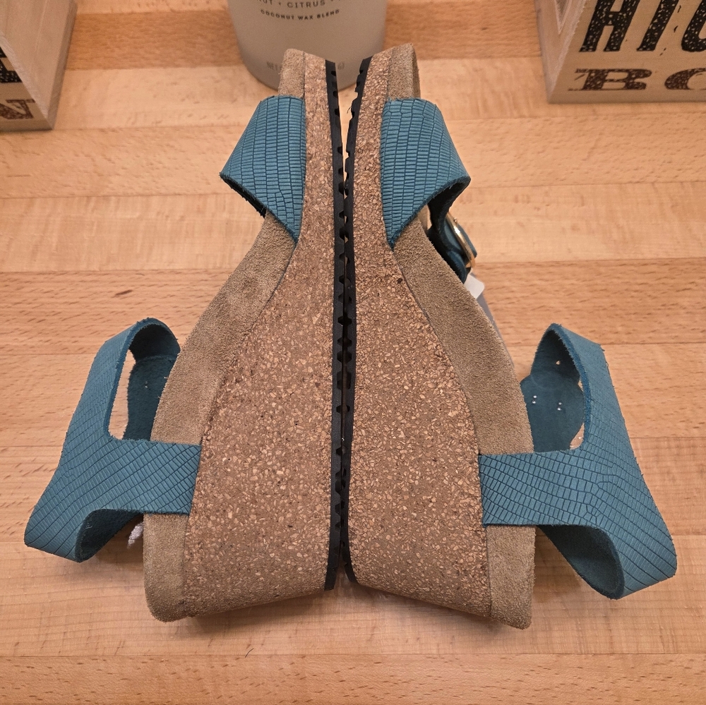 Birkenstock Papillio Sibyl Embossed Leather Wedge Sandals Biscay Bay Size 37 NEW - Picture 9 of 10